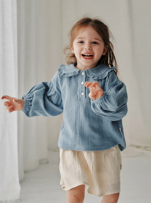 Cotton Crème Gauze Top - Blue